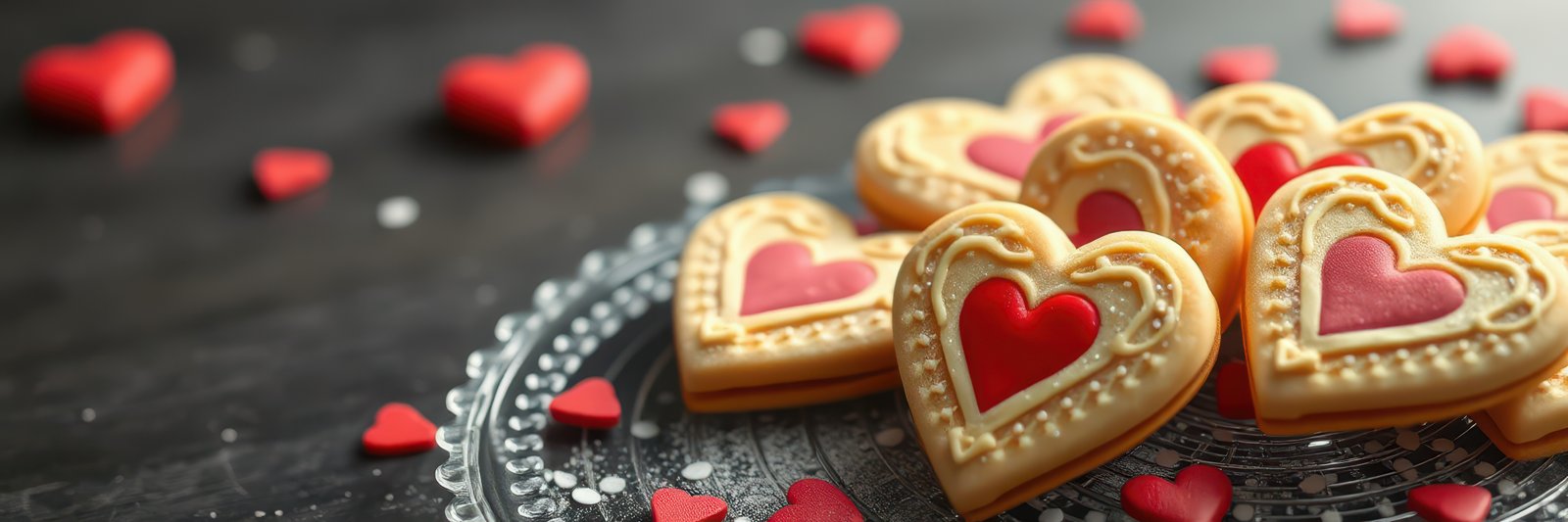 Heart-shaped cookies arranged on a decorative plate surrounded by small red hearts for a festive occasion